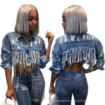 Wholesale Plus Size Denim Women Cotton Make Old Hole Tassels Jeans Jacket